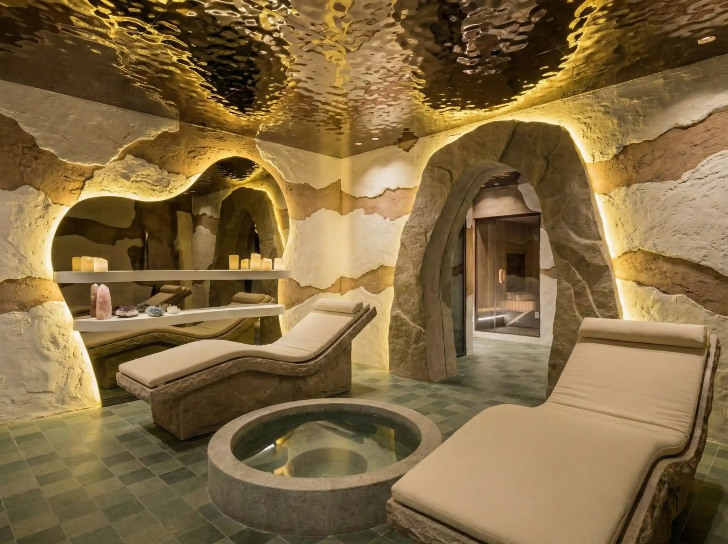 Zona de relax esculpida en el spa de Boho Club