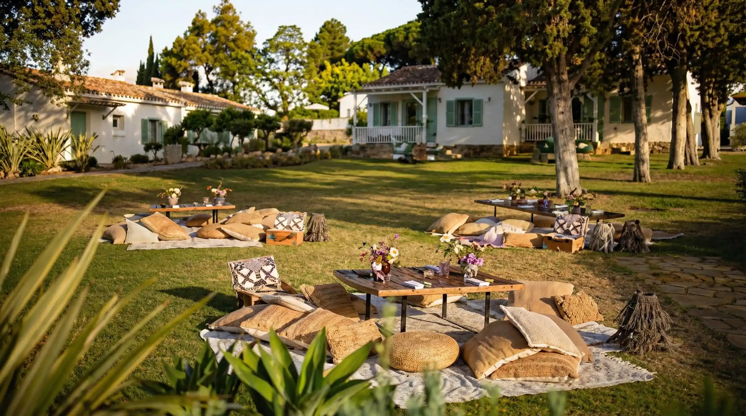Salón de jardín con asientos bajos entre los bungalows