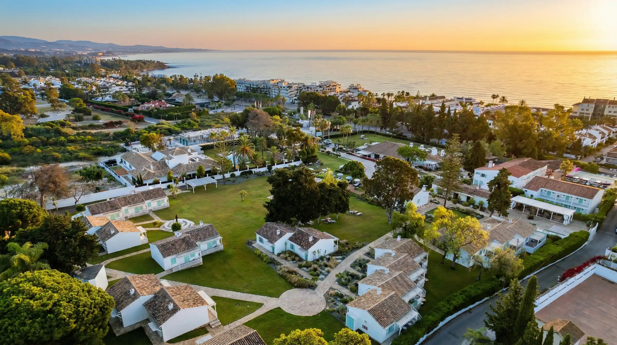 Aerial view of Boho Club on the Marbella Golden Mile at sunset