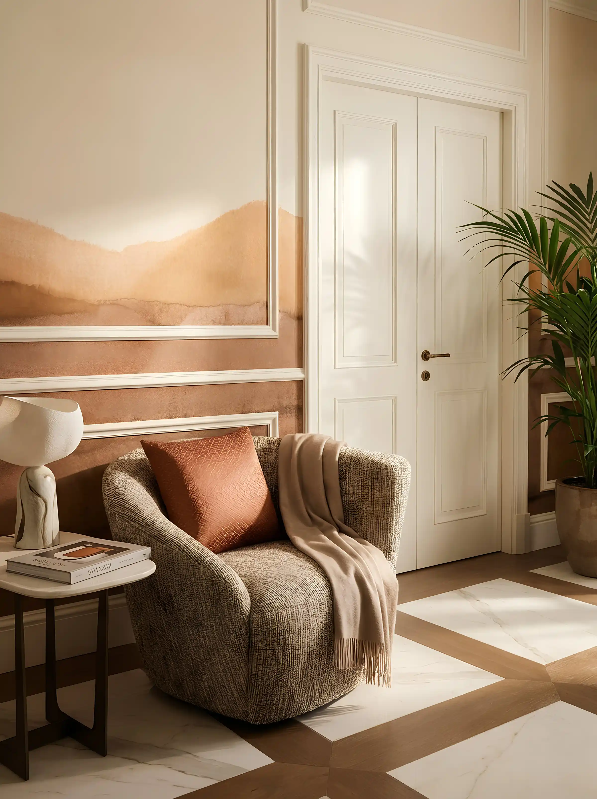 Rincón de lounge con butaca y obra gráfica
