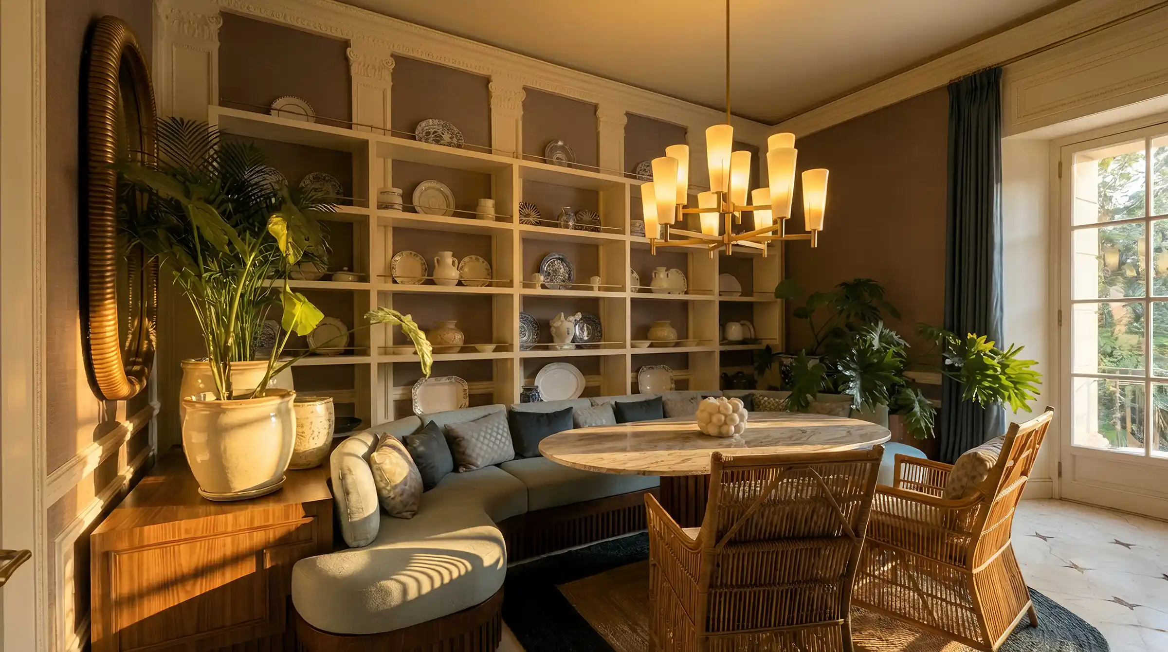 Dining room with hand-drawn mural ceiling, classical panelling and sculpture in a Marbella villa by Realta
