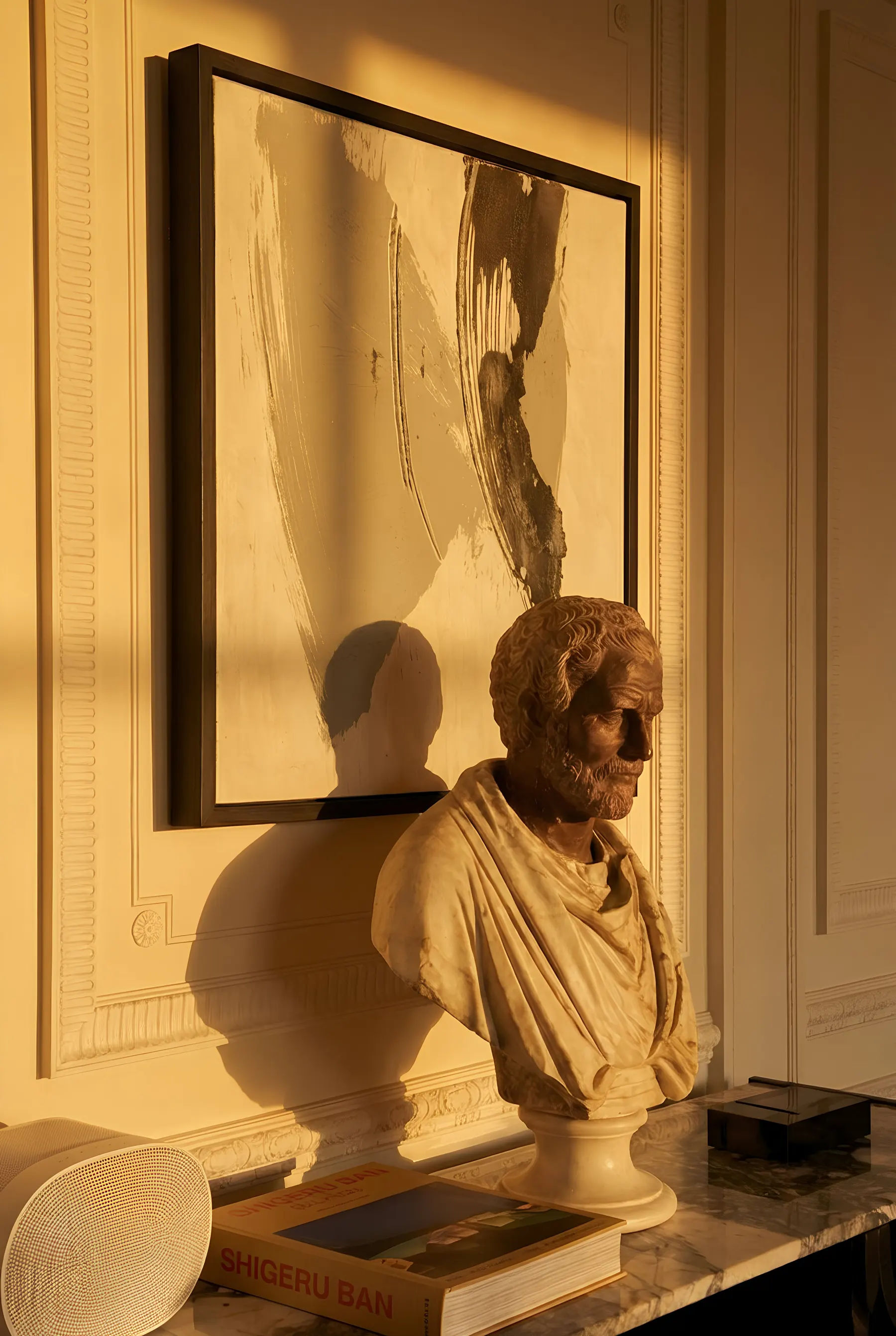 Busto de mármol y cuadro abstracto con luz de tarde en un interior de villa