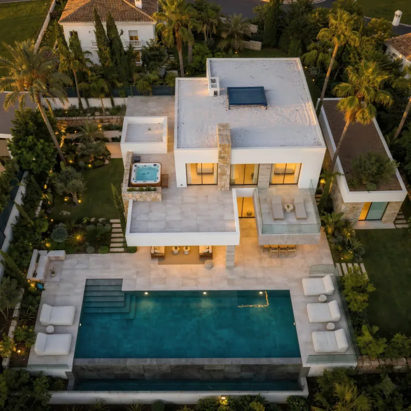 Luxury villa construction in Marbella: aerial view of a villa and pool in Nueva Andalucía built by Realta