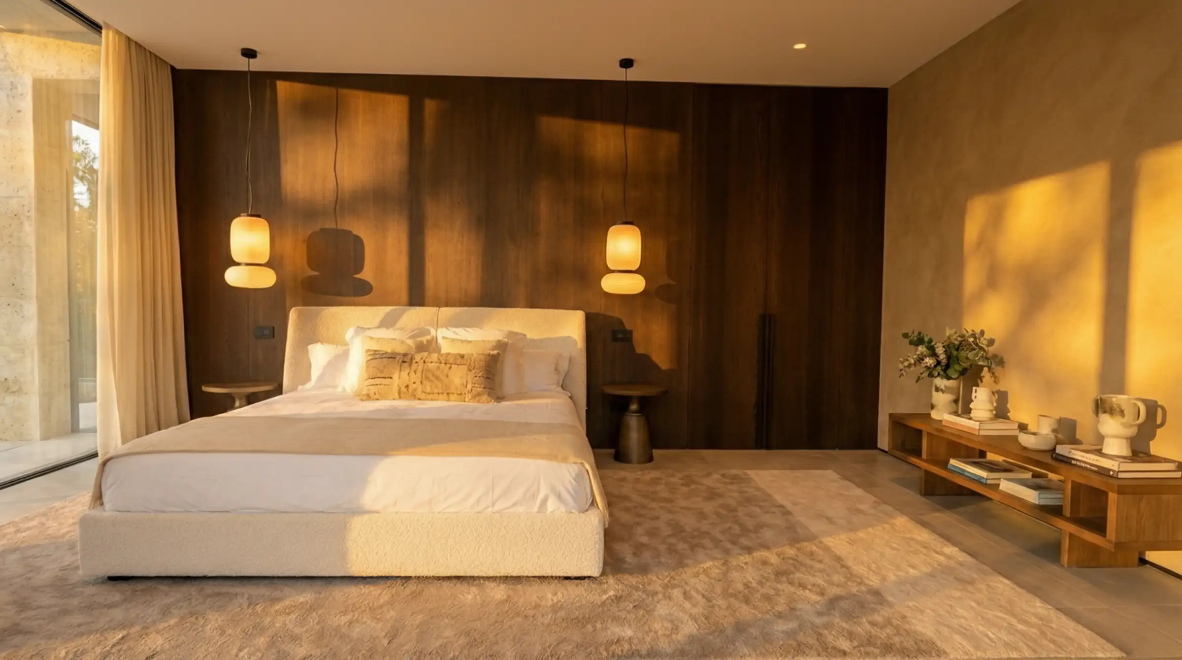 Guest bedroom with timber wall panelling and warm lighting