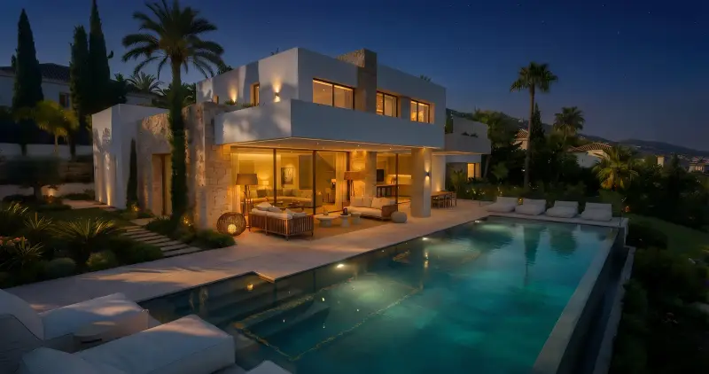 Luxury villa construction in Nueva Andalucía: Villa La Cerquilla at dusk, built by Realta Constructions