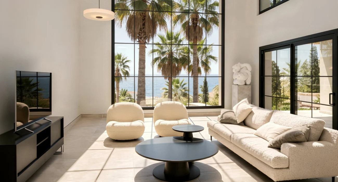 Modern Luxury Living Room With Double-Height Windows, Palm Tree Views, Natural Light And Contemporary Furniture - Realta Constructions Marbella